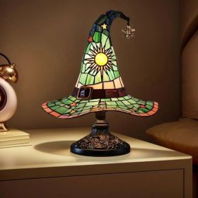Witch Hat Lamps, Handcrafted Stained Glass Resin Wizard Hat Light Gothic Table Lamp For Halloween Decor, Spooky Night Light For Bedroom And Indoo (Option: Green)