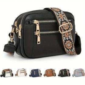 Handmade Women's Multi-Compartment Crossbody Bag & Wallet With Adjustable Strap, Golden-Tone Hardware, Zipper Closure - Premium Second-Layer Leat (Option: Black)